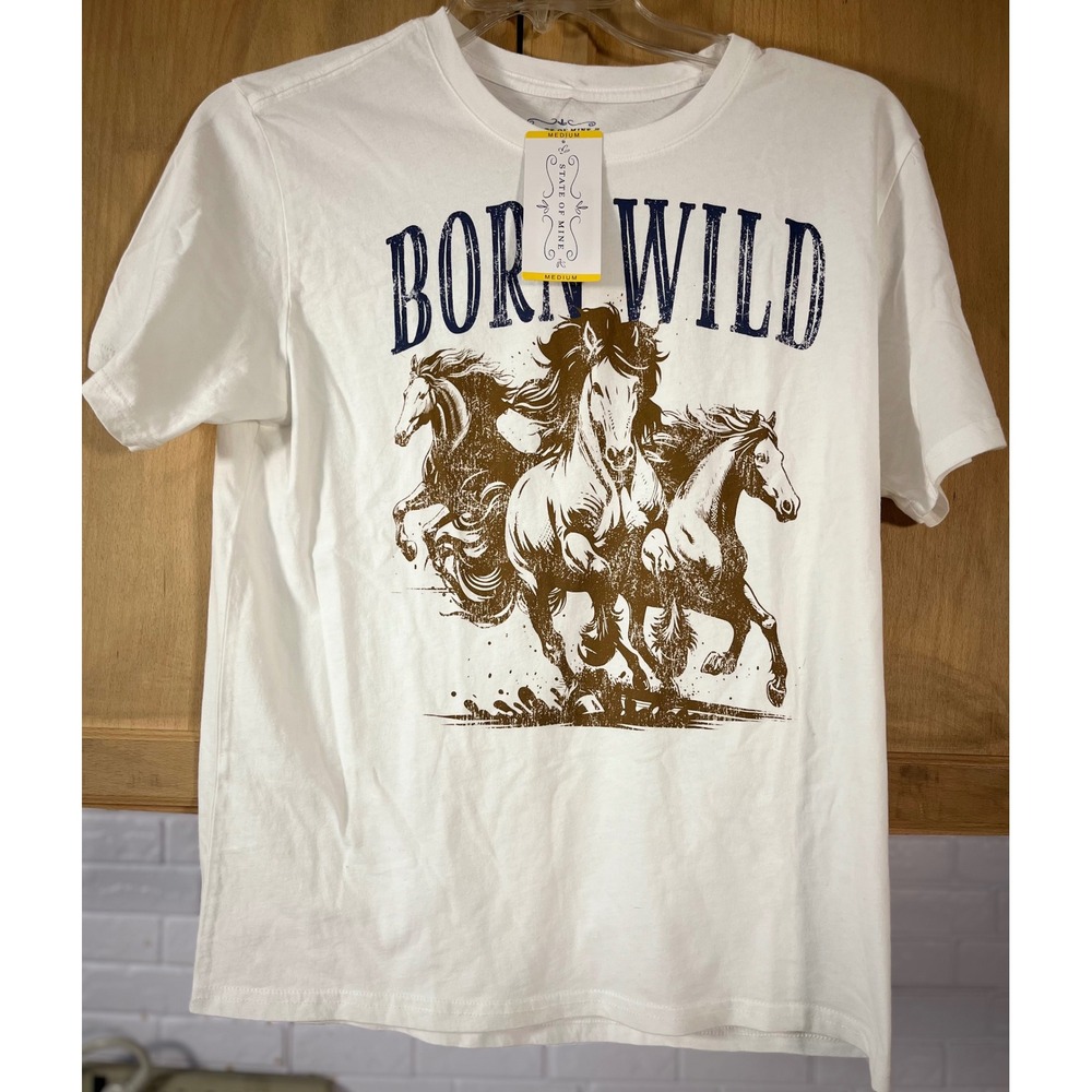 State of Mine Graphic Tee Women Med White Born Wild Horse Western Cotton Shirt